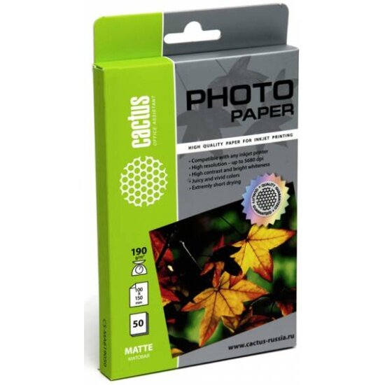 Фотобумага Cactus CS-MA619050 матовая 10x15 190 г/м2 50 листов