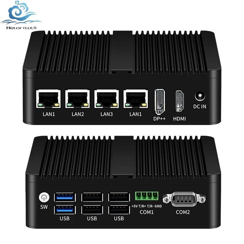 Промышленный мини-ПК Helorpc 4LAN2COM с Inter N100 DDR4 RS485/RS232, 16G RAM 512G SSD, Inter N100