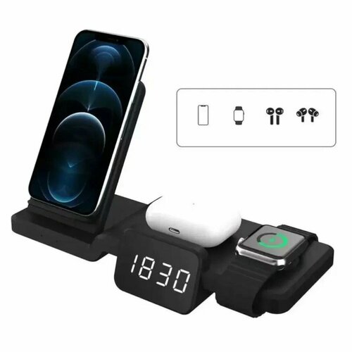 Беспроводная зарядка для телефона, док станция 4 в 1 для телефона наушников и часов, быстрая зарядка, встроенные часы, дисплей, черный