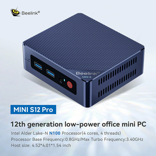 Мини-ПК Beelink S12 PRO, процессор Intel Alder Lake-N100, ОЗУ 16 ГБ, ПЗУ 500 ГБ, графика Intel UHD, Windows, синий