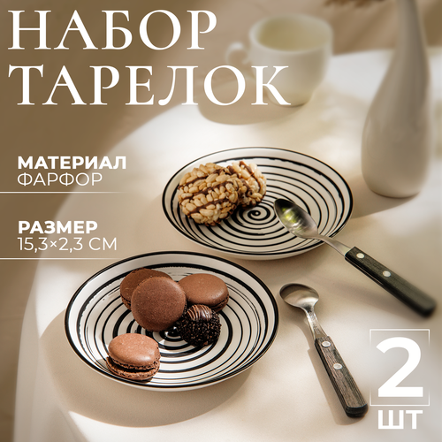 Набор фарфоровых тарелок обеденных на 2 персоны, для сервировки Magistro Hypnose, d=15,3 черный, белый