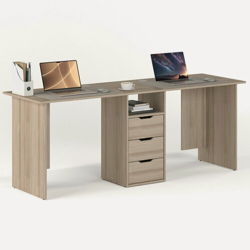 Изображение товара Письменный стол для двоих однотумбовый с 3 ящиками МагМебель 89 ясень шимо светлый