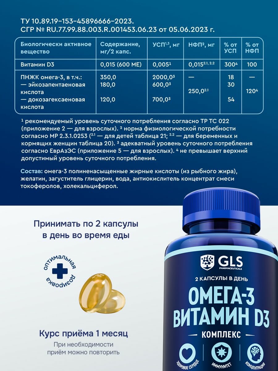 Витамины Омега 3 + витамин д3, бад жирные кислоты комплекс для иммунитета, концентрации и здоровья сердца, 60 капсул — фото 1