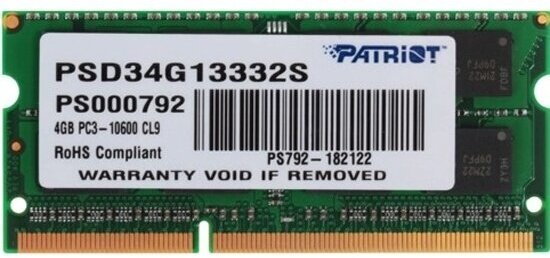 Оперативная память Patriot Memory SODIMM DDR3 4Gb 1333MHz pc-10600 (PSD34G13332S)