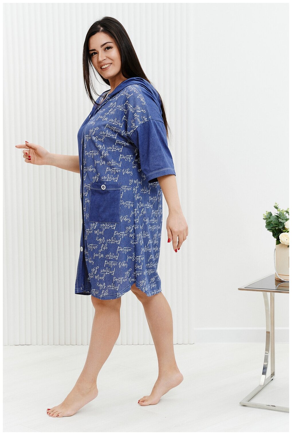 Халат Натали средней длины, укороченный рукав, капюшон, карманы, трикотажная, размер 56, синий - фотография № 7