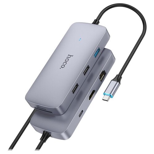 Адаптер HOCO HB32 8-in-1, Разветвитель Type-C to HDMI + RJ45 + USB2.0*2 + USB3.0 + SD + microSD + USB-C 100W, Хаб Серый адаптер hoco hb32 8 in 1 разветвитель type c to hdmi rj45 usb2 0 2 usb3 0 sd microsd usb c 100w хаб серый