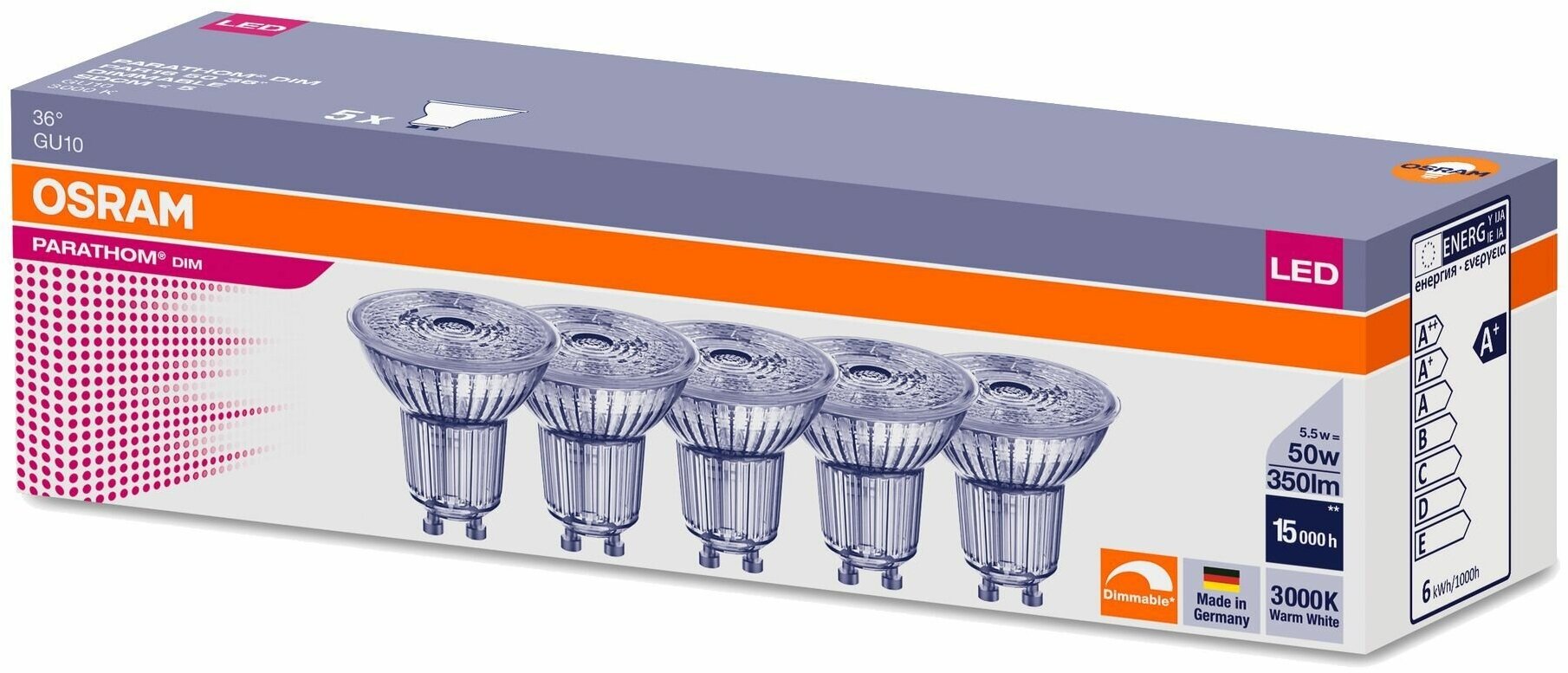 Лампа светодиодная OSRAM Софит 4.5Вт 220В GU10 PAR 16350Лм 3000К теплый белый Диммируемая Экопак 5шт/уп упаковка 1шт