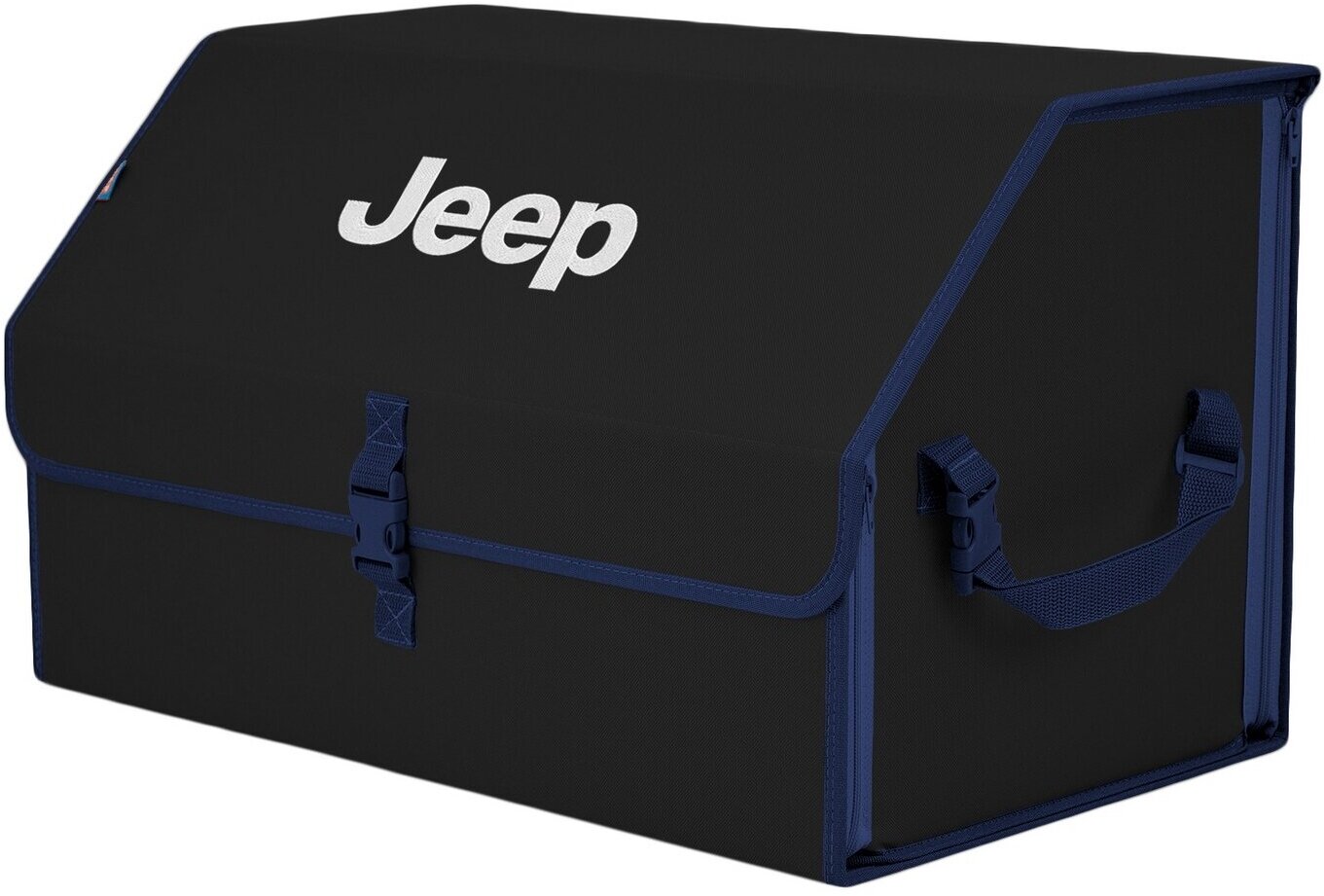 Органайзер-саквояж в багажник "Союз" (размер XL). Цвет: черный с синей окантовкой и вышивкой Jeep (Джип).