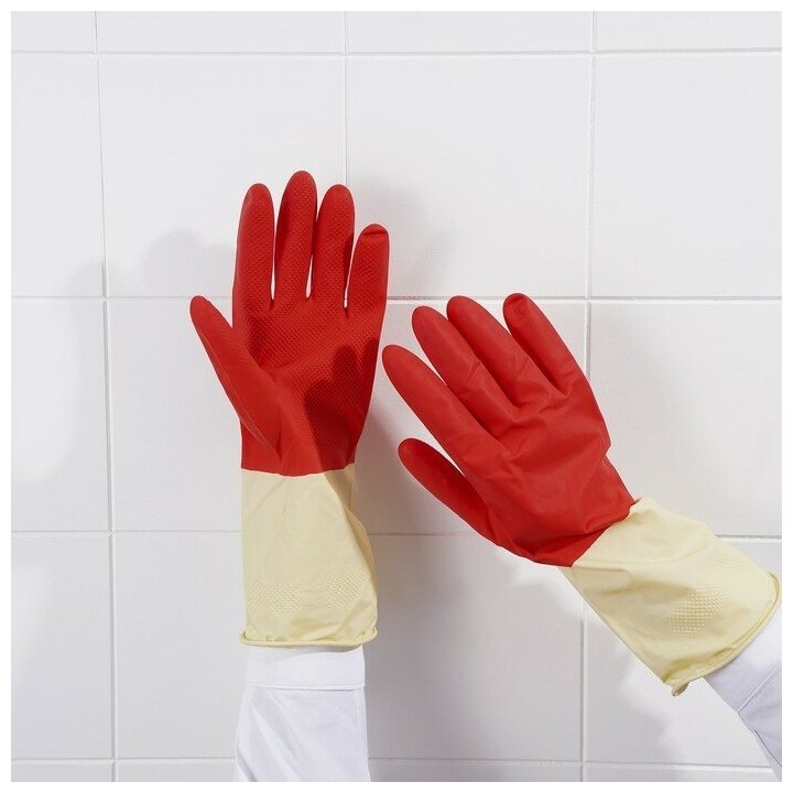 Перчатки хозяйственные резиновые Доляна, размер XL, плотные, 50 гр, цвет красный - фотография № 9
