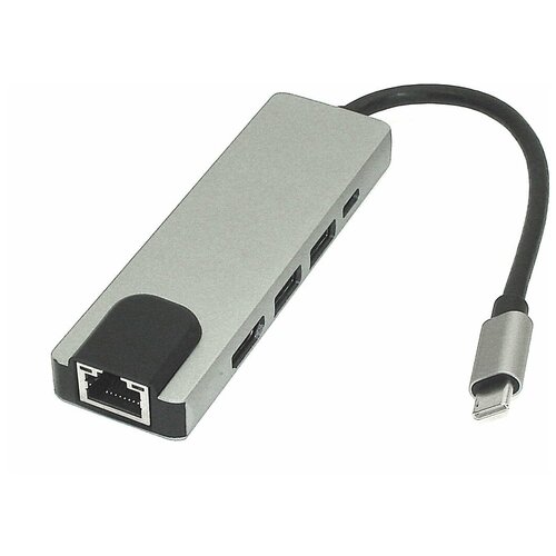 Адаптер Type-C на HDMI, USB 3.0*2 + RJ45 + Type-C серебро переходник type c rj45 100мбит