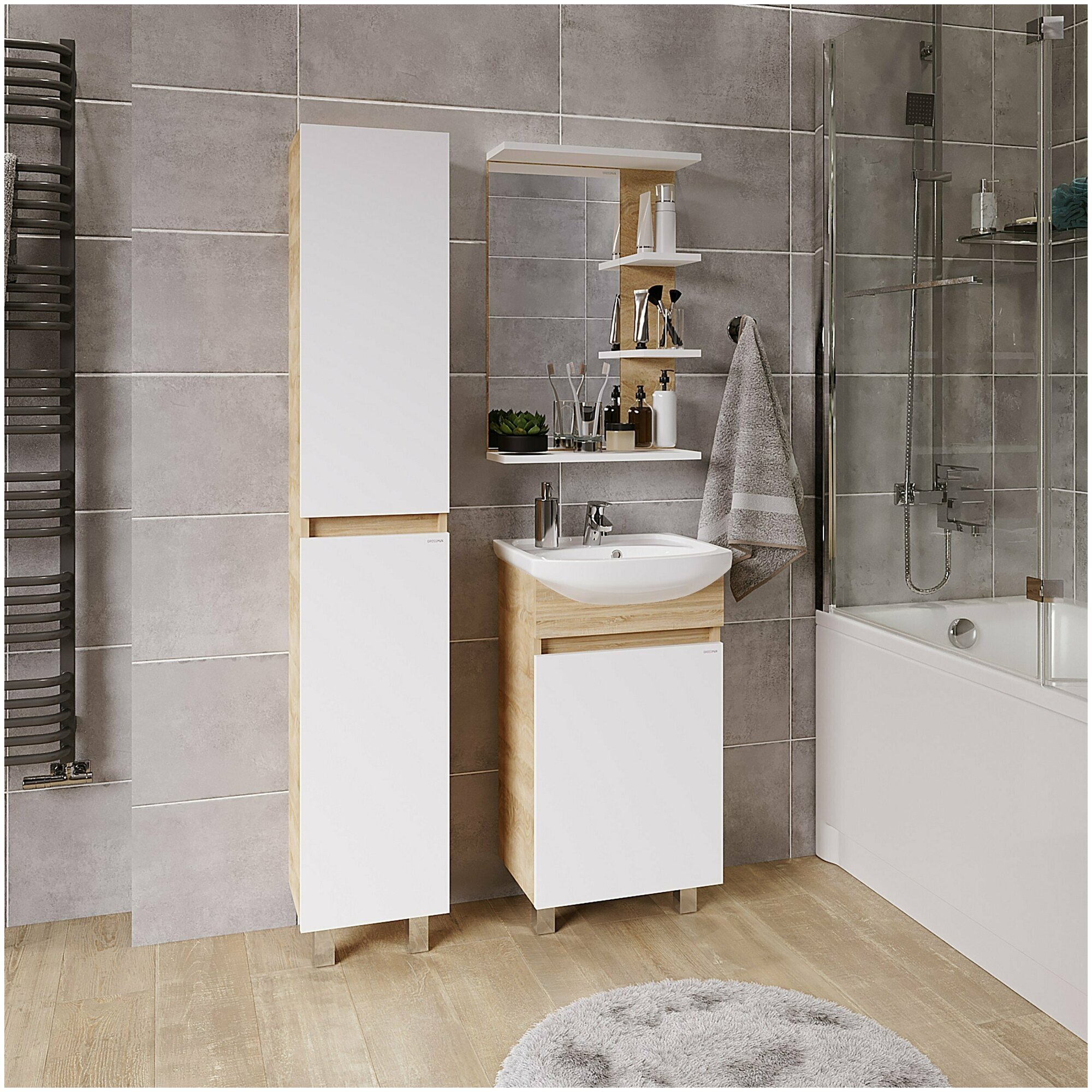 Пенал для ванной комнаты напольный ПОЛО-30 см универсальный дуб сонома/белый - фотография № 3