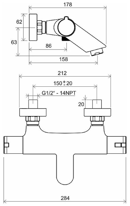 Termo TE 022.00/150 X070047 Смеситель для ванны/душа (1/2", 2 рычага, картридж, термостат) Ravak - фото №18