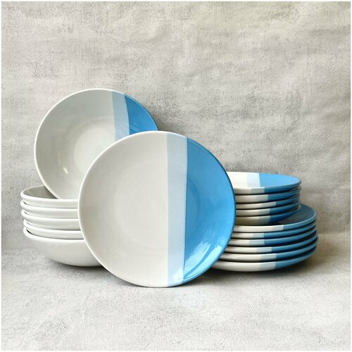 Набор посуды столовой на 6 персон, 18 предмета, тарелки керамика, белый с голубыми полосками