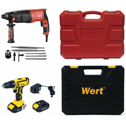 Набор SDS-plus Elitech П 0826РЭМ 800 Вт 28 Дж и дрель-шуруповерт Wert CD 12-2TLi 12 В Li-ion 1x15 Ач 1399000₽