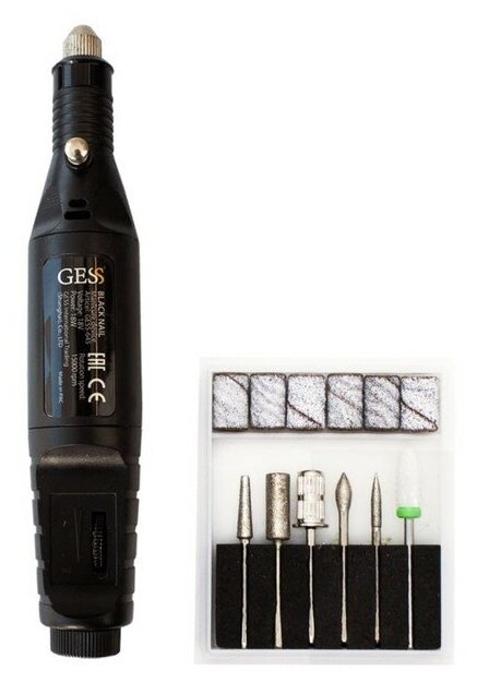 Аппарат для маникюра GESS-645 Black Nail, 18 Вт, 6 насадок, 15000 об/мин, 220 В, чёрный