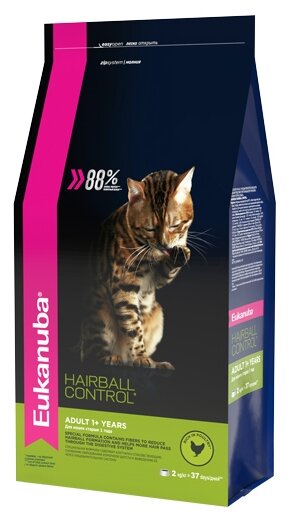 Корм для кошек Eukanuba Hairball Control для снижения образования комочков шерсти и их выведения, 2 кг