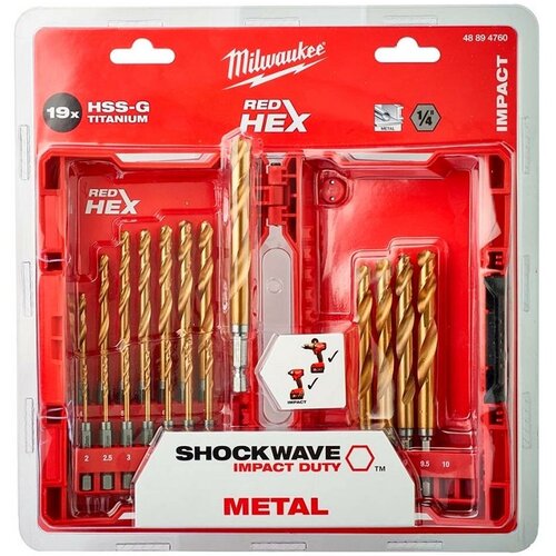 Набор сверл Milwaukee по металлу RedHEX HSS-G TiN (19 шт) сверло по металлу milwaukee redhex hss tin 9 5 мм