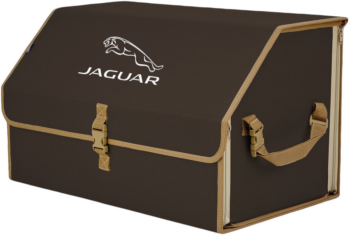 Органайзер-саквояж в багажник "Союз" (размер XL). Цвет: коричневый с бежевой окантовкой и вышивкой Jaguar (Ягуар).
