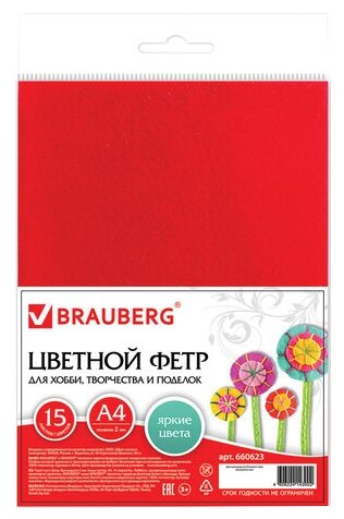 BRAUBERG Набор цветного фетра А4, 15 цветов (660623)