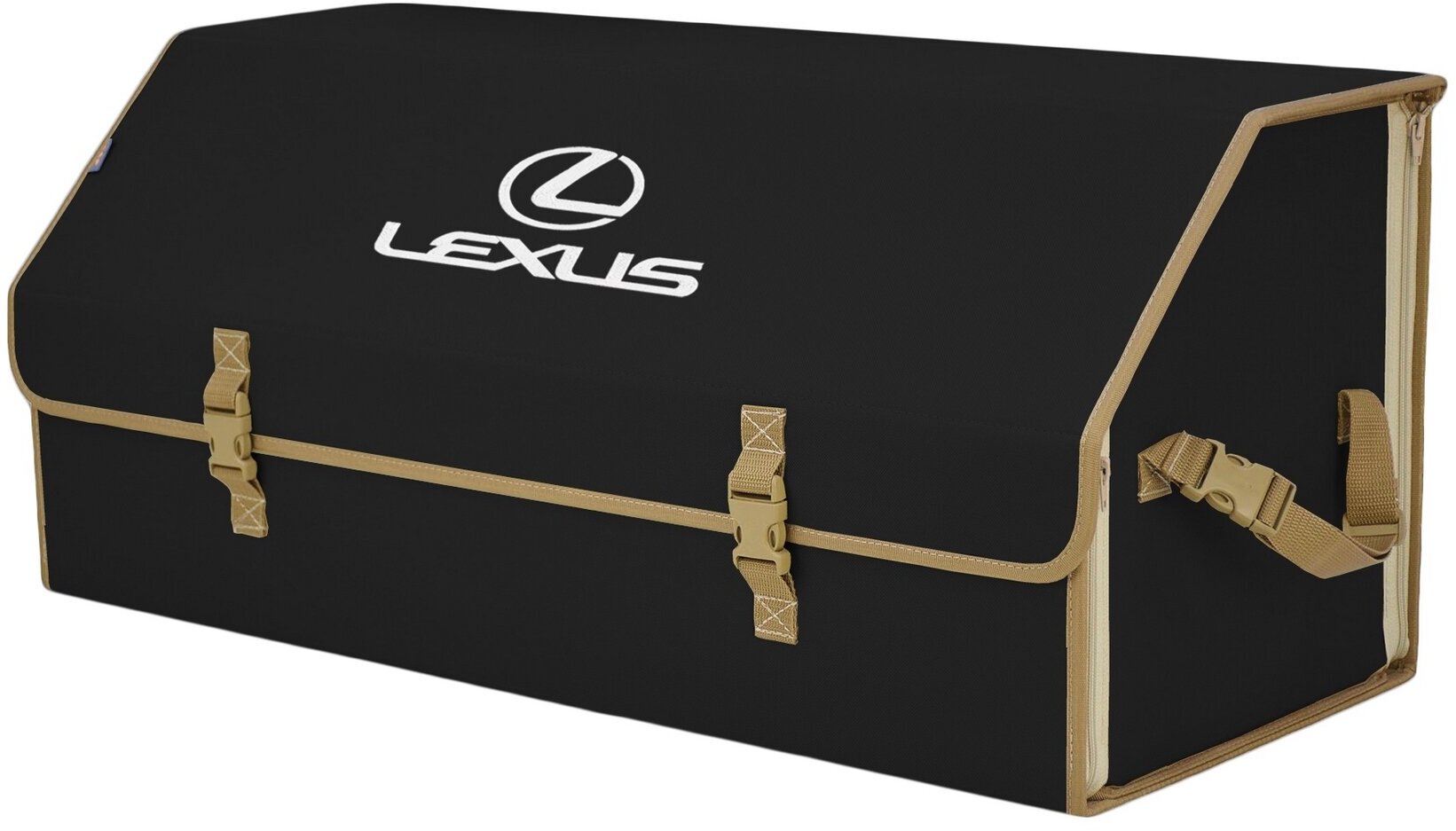 Органайзер-саквояж в багажник "Союз" (размер XXL). Цвет: черный с бежевой окантовкой и вышивкой Lexus (Лексус).