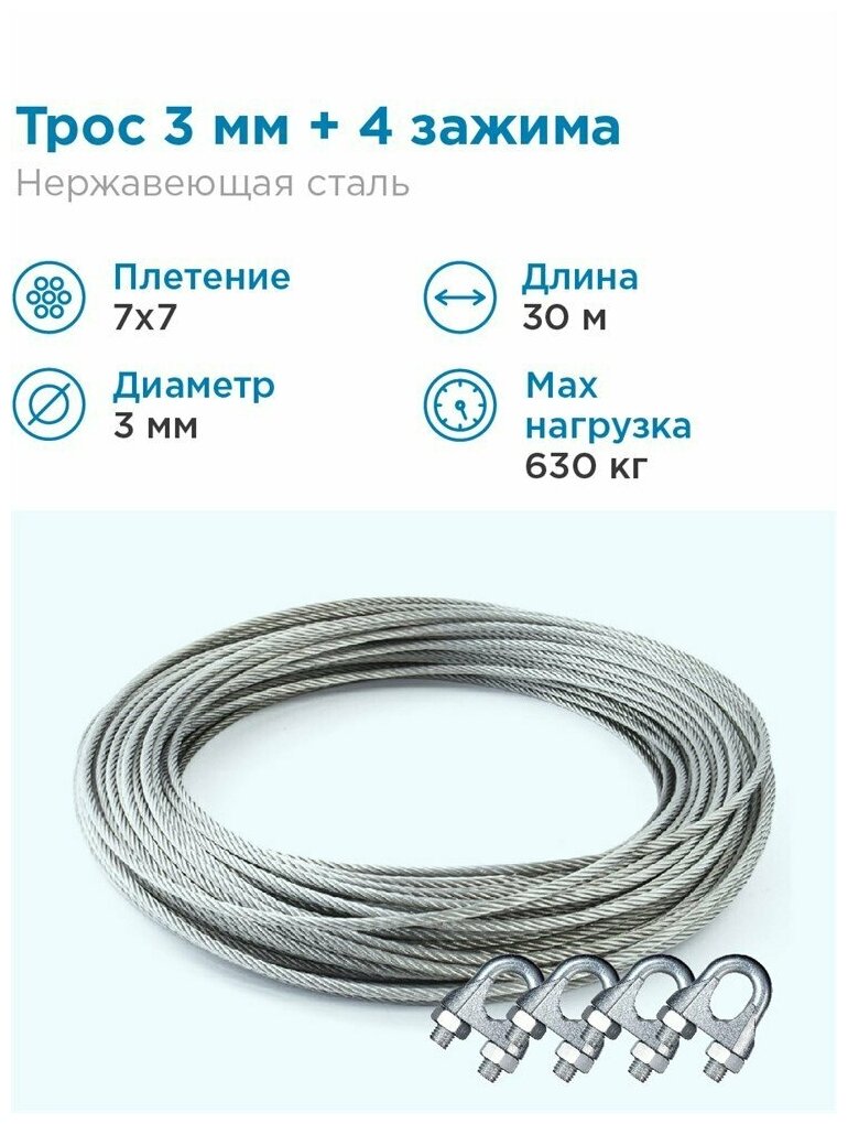 Гидротек Трос нержавеющая сталь 7x7 AISI 304 3мм бухта 30 метров + зажим 3-4 мм 4шт.