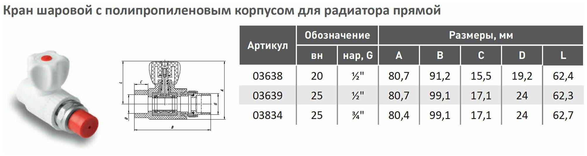 Кран шаровой для радиатора 20х1/2" полипропиленовый