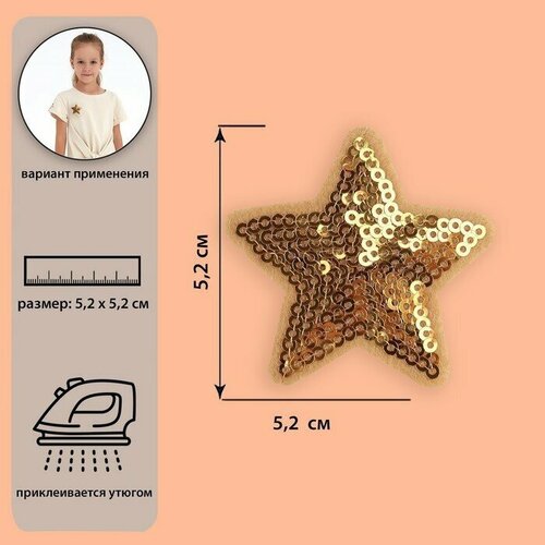 Термоаппликация Звезда, с пайетками, 5,2 x 5,2 см, цвет золотой./В упаковке шт: 10