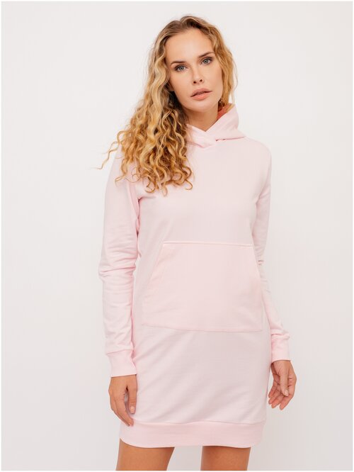 Платье-толстовка Ideline, хлопок, в спортивном стиле, прямой силуэт, мини, капюшон, карманы, размер 42, розовый