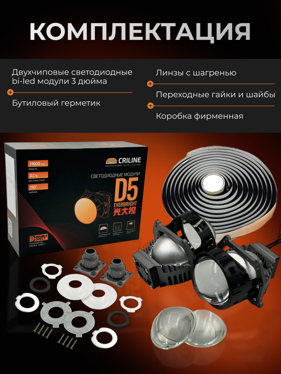 Би лед линзы 3 дюйма авто Criline D5 Everbright, 12V, 5500k, BI LED линзы 3.0, модули 2шт. — фото 1
