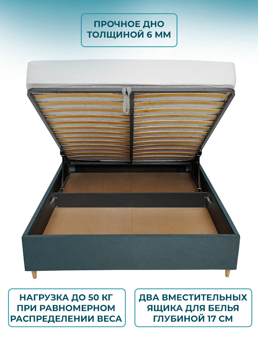 Кровать двуспальная 180х200, с подъемным механизмом, ортопедическим основанием и ящиком для белья, цвет зеленый, изумрудный — фото 1