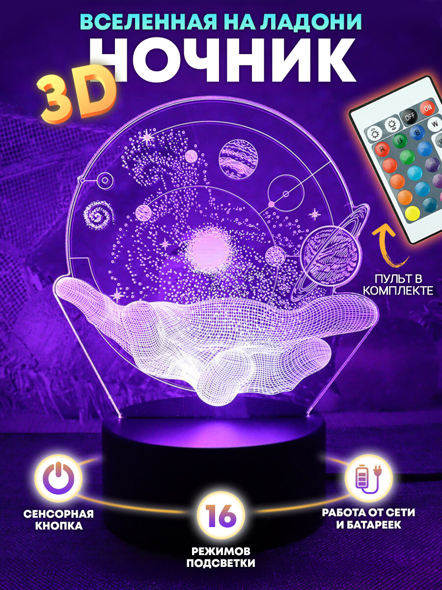 Ночник "Вселенная на ладони" детский / светодиодный 3D светильник "Солнечная система в руках" с пультом, 7 цветов, 16 режимов подсветки