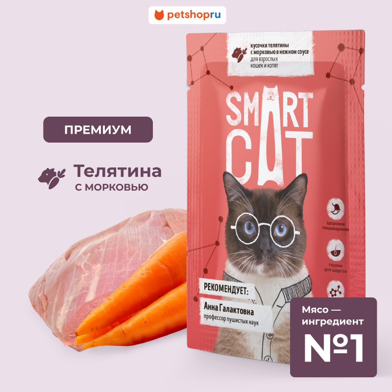 Для взрослых кошек и котят кусочки телятины с морковью в нежном соусе