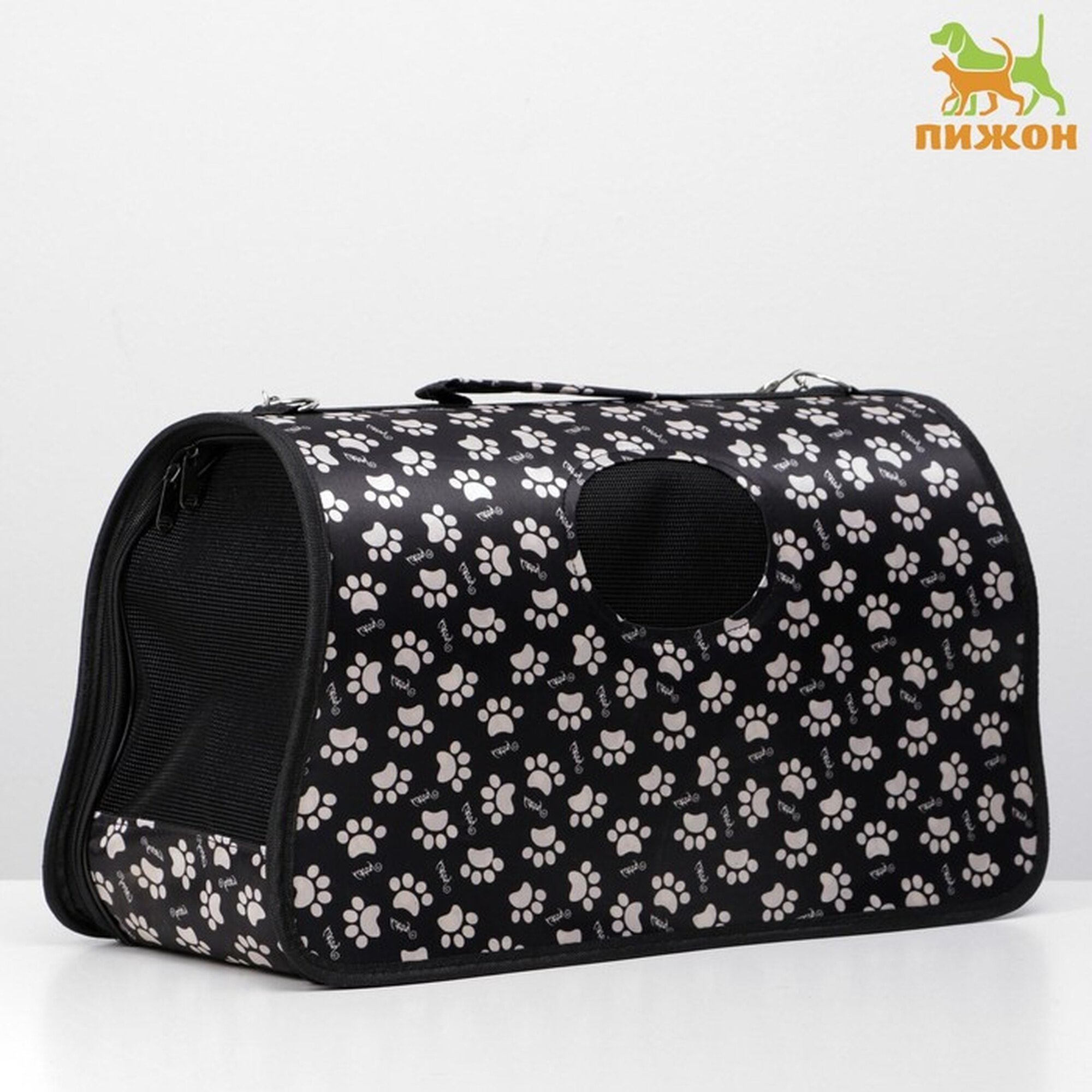 Сумка-переноска каркасная "Лапки Happy" размер L 53 х 21 х 29 см чёрная