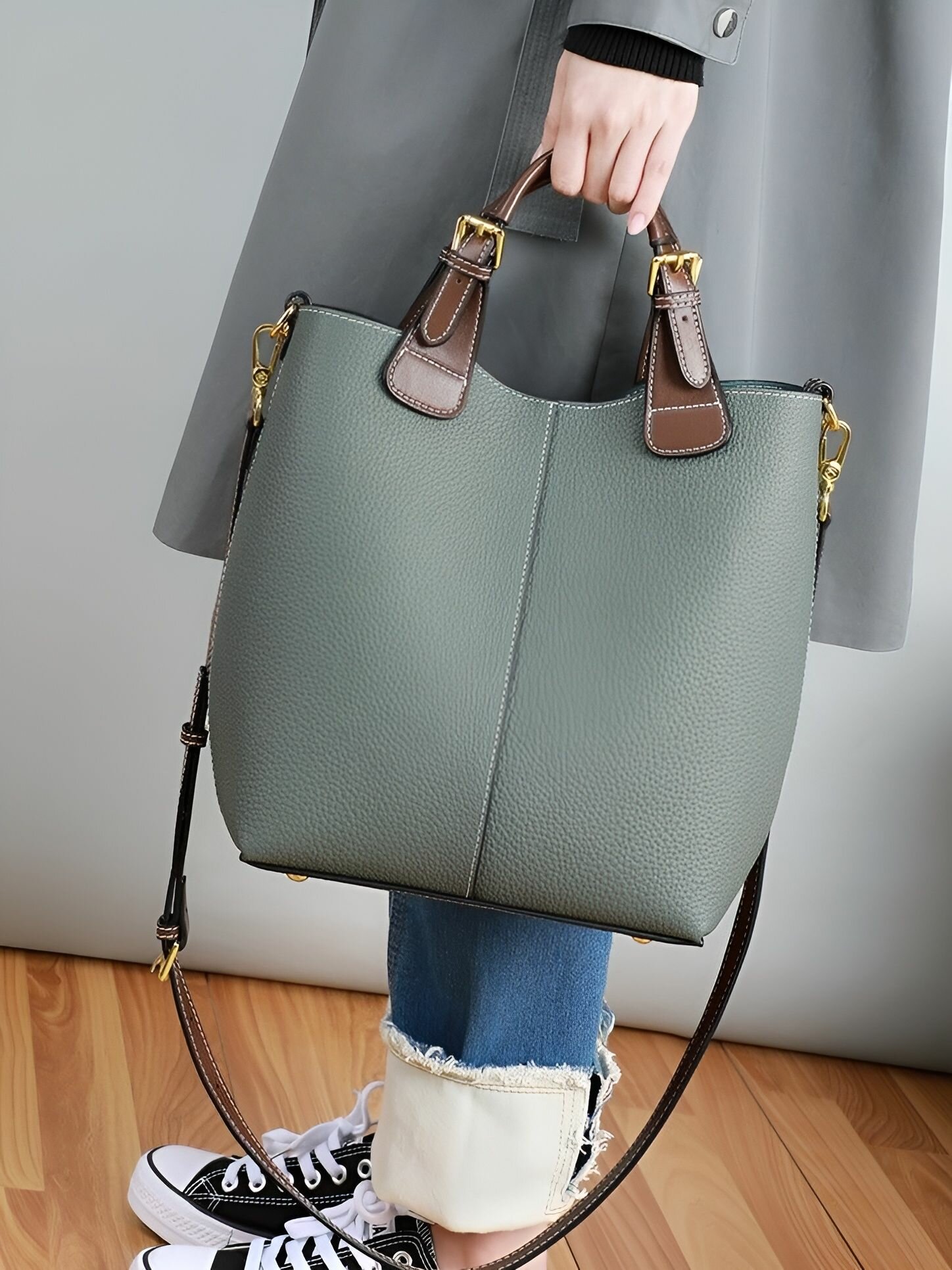 Сумка тоут КожаноFF, фактура гладкая, серо-зеленый — фото 1