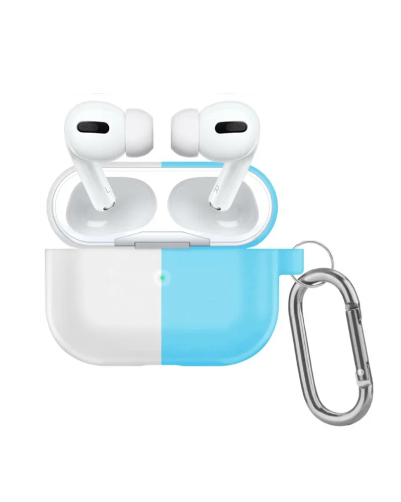 Чехол силиконовый для наушников Airpods Pro 2, с карабином, бело-голубой