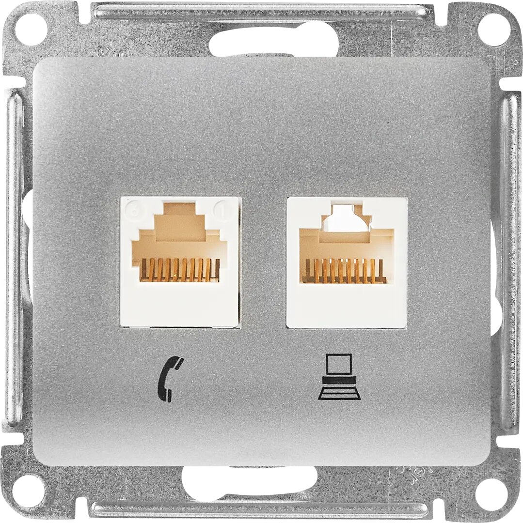 Розетка двойная встраиваемая Schneider Electric Glossa RJ11/RJ45 UTP cat 5e цвет алюминий