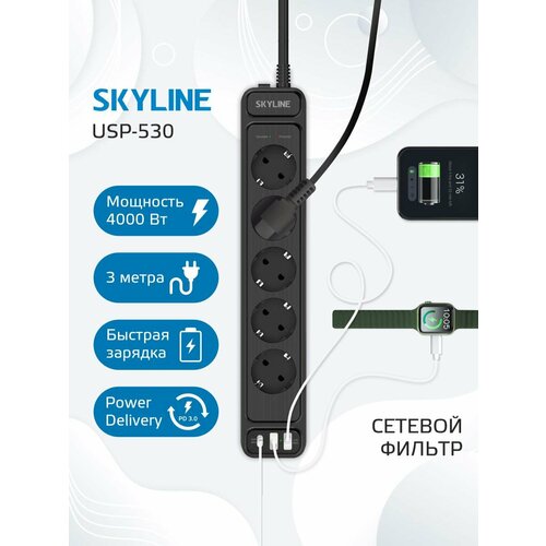 Сетевой фильтр SKYLINE USP-530 5 розеток 2 USB 1 type-C power delivery кабель 3 метра 4000 Вт 16А черный 3390₽