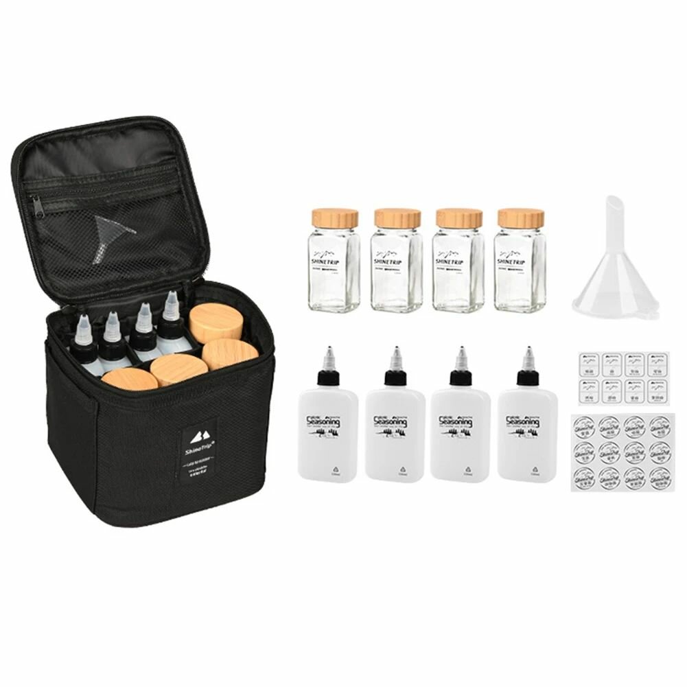 Сумка + Набор Для Специй - 4 Стеклянных Флакона, Бамбуковые Крышки, 120 Мл