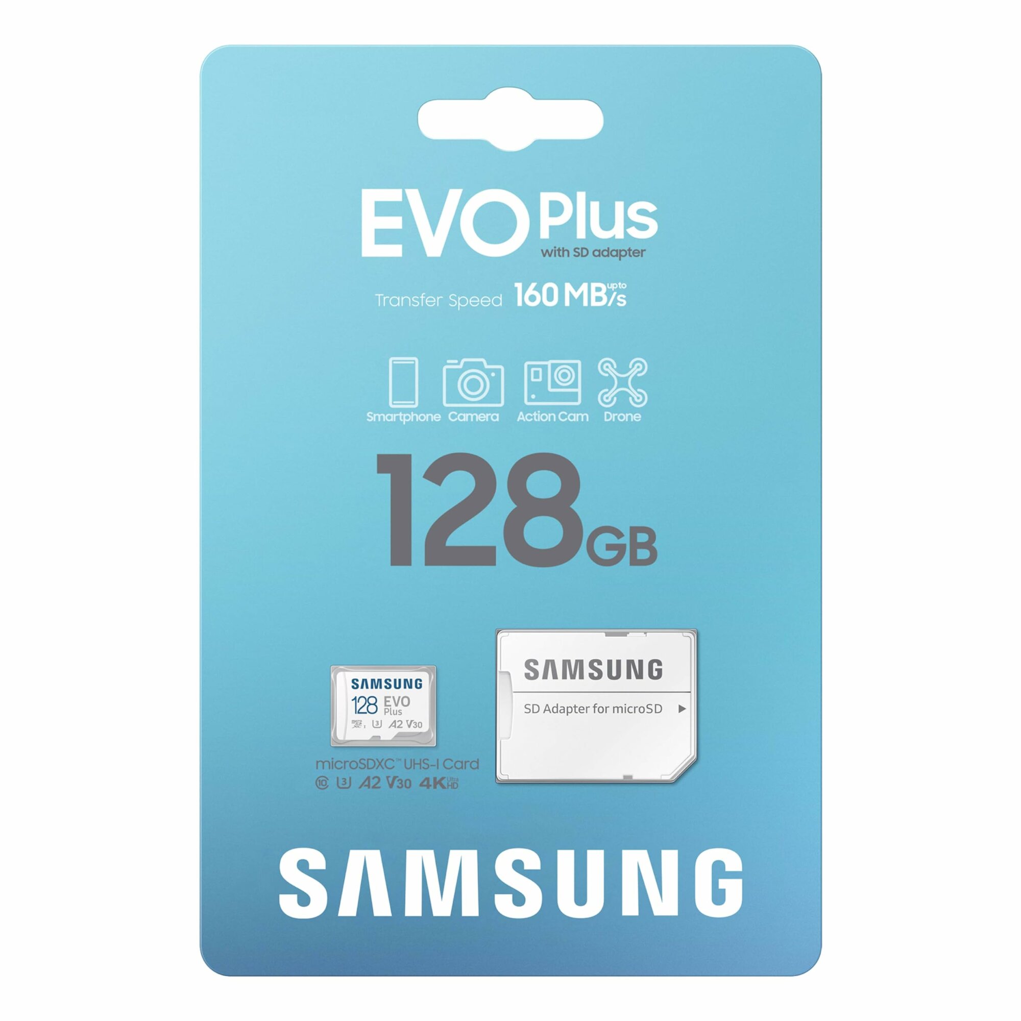 Карта памяти EVO PLUS, microSDXC, 128ГБ, Class 10, UHS-I, U3, 160МБ/с, с адаптером