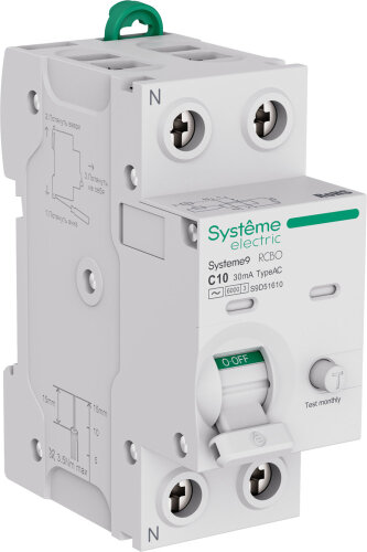 Дифференциальный автомат Systeme Electric Systeme9 (АВДТ) 1P+N C 10A 6kA 30мА Тип AC электромеханический