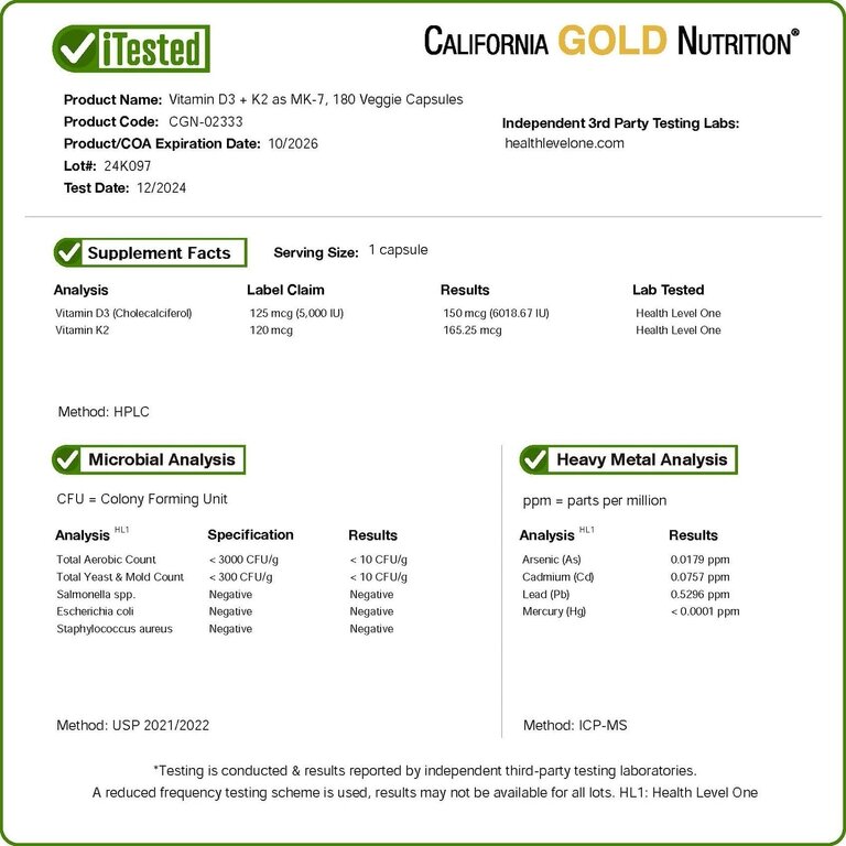 Витамин D California Gold, Vitamin D3 + K2, Витамины D3 и К2, 180 растительных капсул