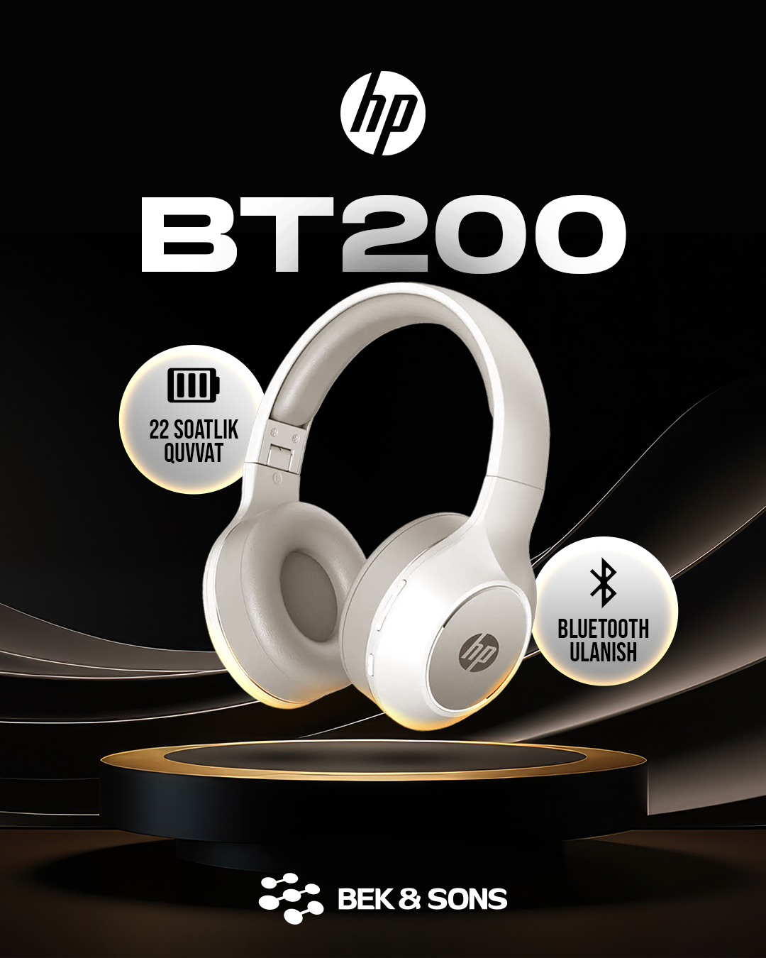 HP BT200 — беспроводные складные наушники белого цвета, лёгкие и удобные, надёжное Bluetooth-соединение