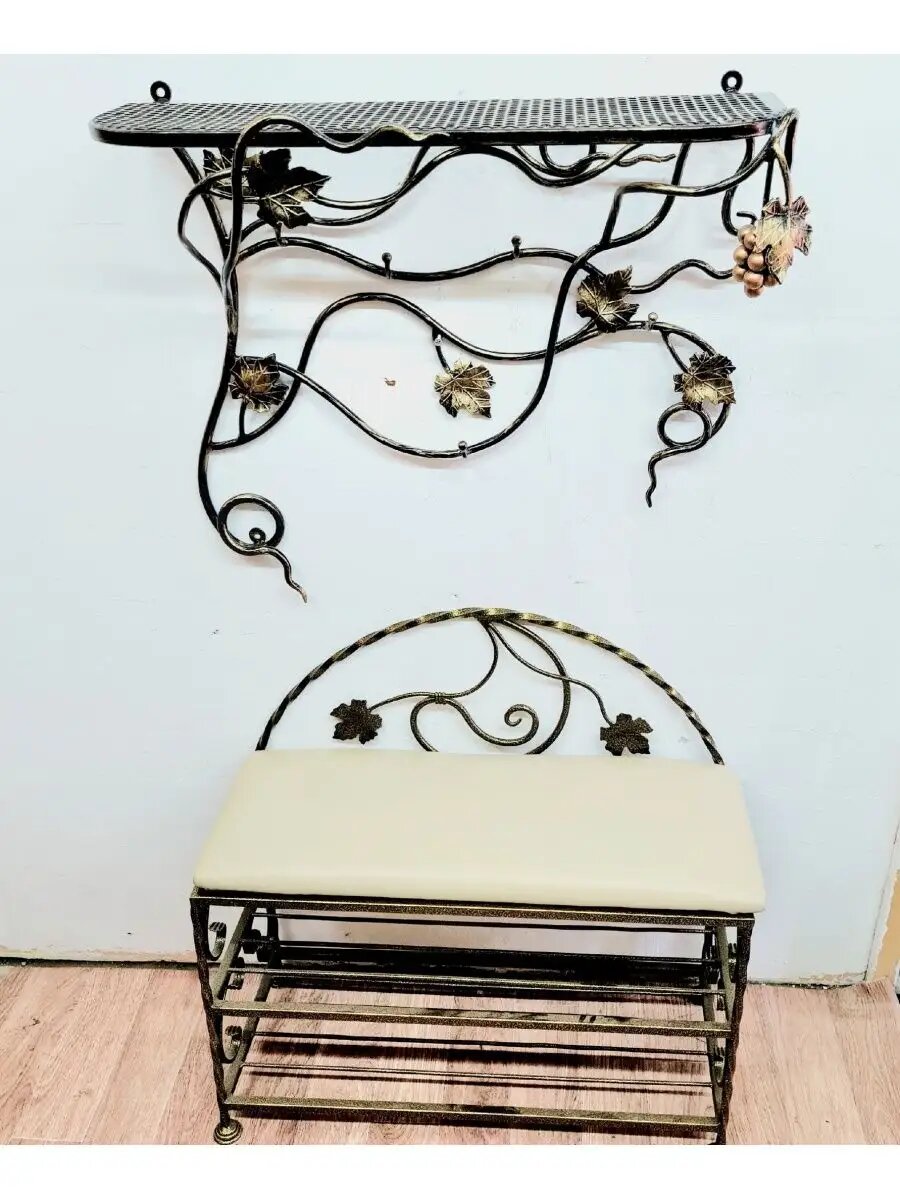Кованая прихожая №18, вешалка + банкетка, Студия кованой мебели Нива, цвет слоновая кость — фото 1