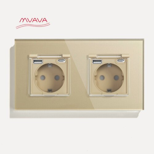 Изображение товара Розетка c крышкой, Usb/Type-C 2 пост 16А рамка 157х86мм стекло, цвет золотой