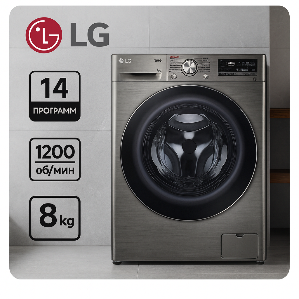 Стиральная машина LG F2V5PS2S - 8 кг, глубина 47.5, 14 программ, 1200 об/мин, паровая стирка Steam, серая