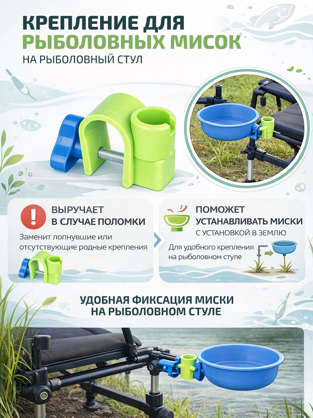 Крепление для мисок на рыболовный стул, универсальное, цвет зеленый/синий