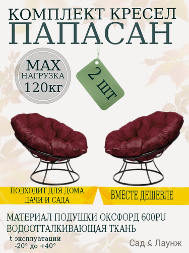 Изображение товара Комплект из 2 кресел Папасан для дачи, черные, с бордовыми подушками (без ротанга)