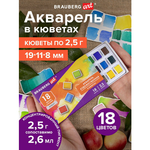 фото Акварель художественная / краски акварельные для рисования в кюветах набор 18 цветов по 2,5 г, brauberg art debut, 191777 v&v