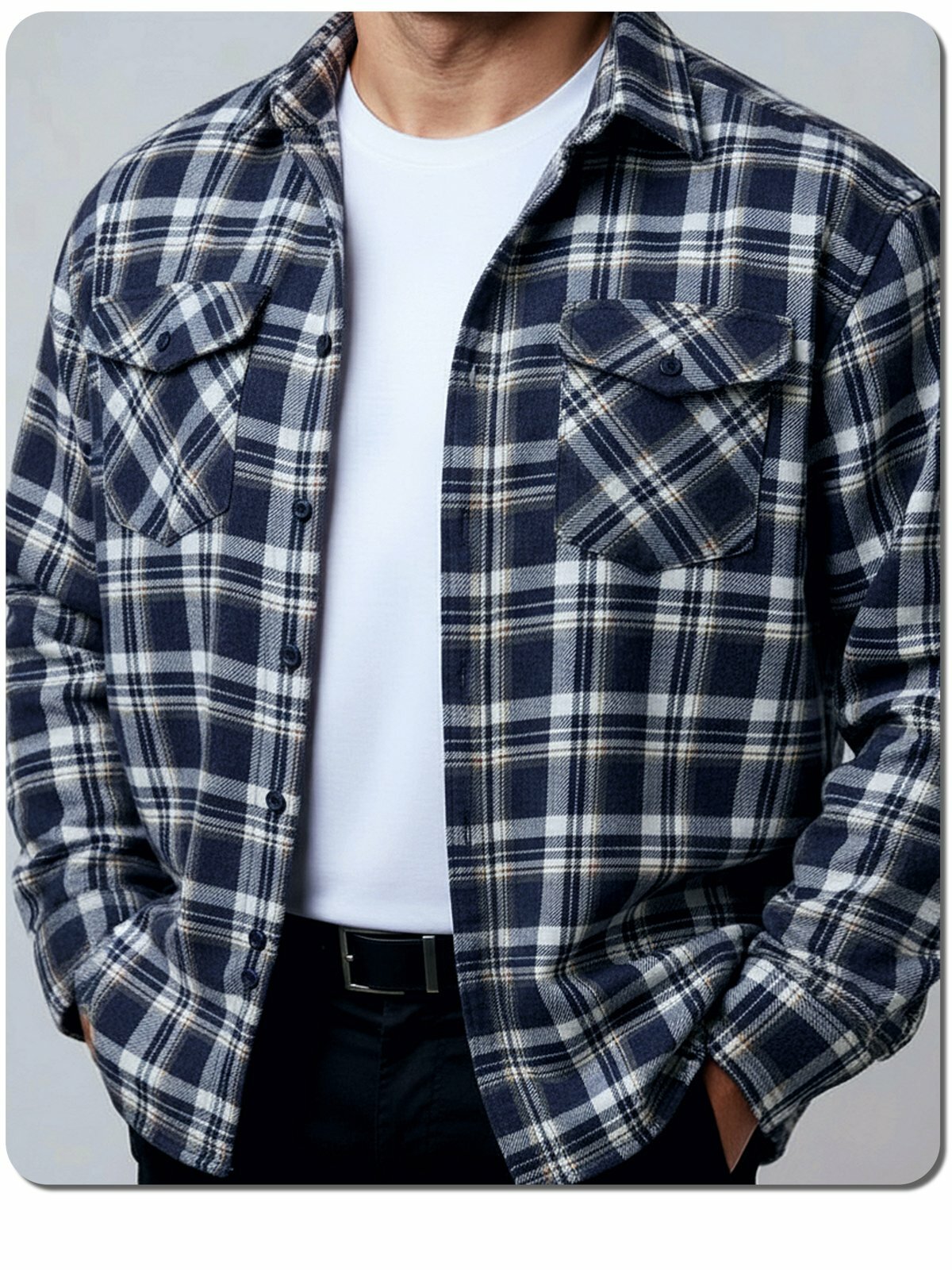 Рубашка Мужская рубашка с длинным рукавом прямая классическая, темная сорочка на пуговицах, рубаха на любой сезон, разноцветная клетка, с двумя карманами и клапанами, фланель теплая рубашка