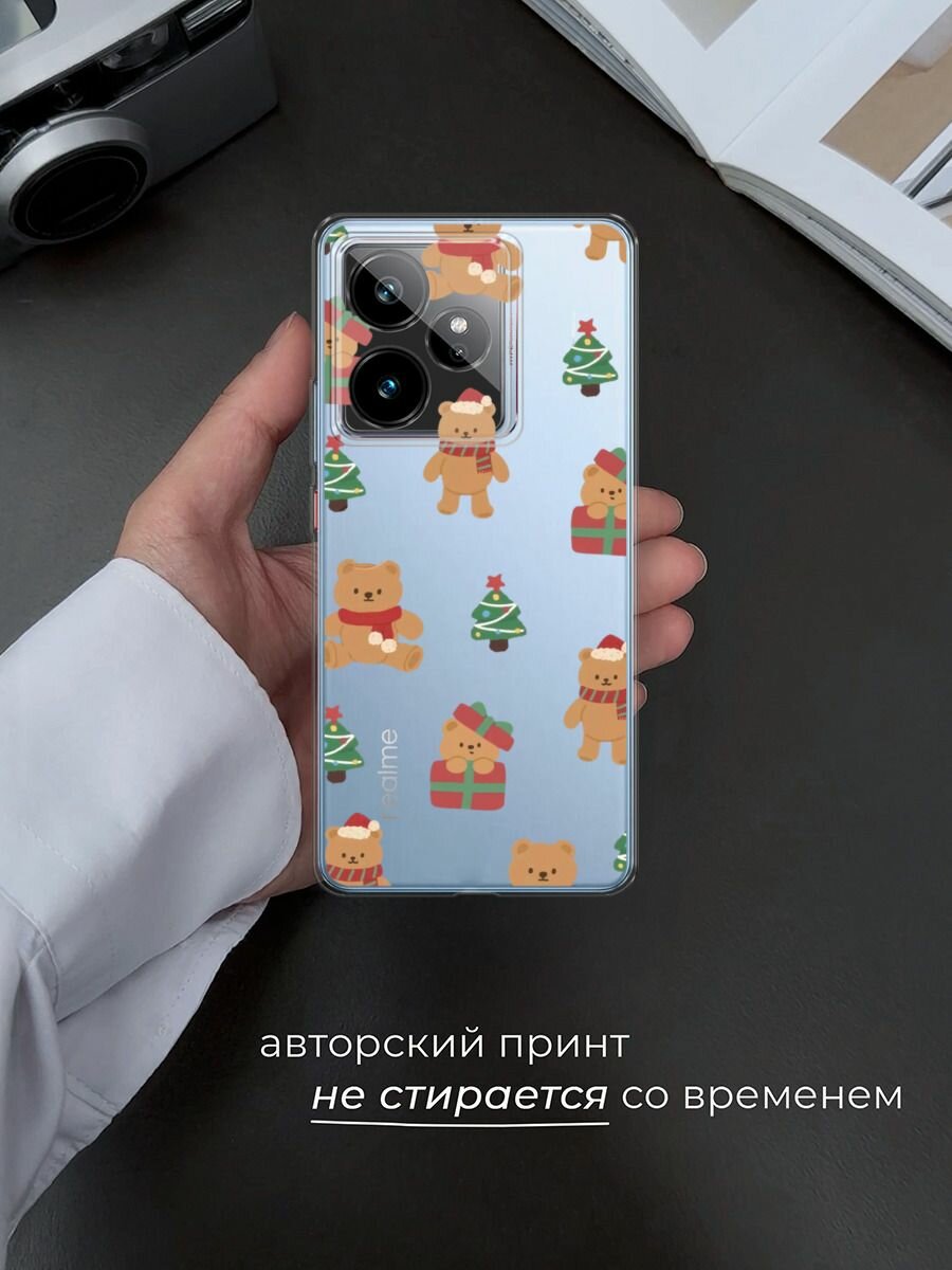 Чехол на Realme GT 7/GT 7T / Реалми GT 7/GT 7T с принтом "Игрушечный новогодний мишка", прозрачный — фото 1